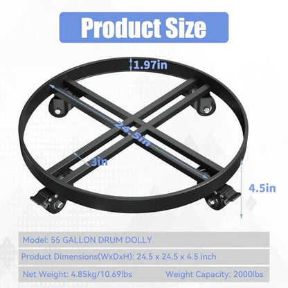 55 Gallon Drum Dolly Heavy-Duty All-Steel Barrel Cart with Cross Braces, 4 Swivel Caster Wheels, 2000 lbs Capacity Non-Tipping Hand Truck for Warehouse Drum Handling & Transport - size: 24.5"L x 24.5"W x 4.5"H