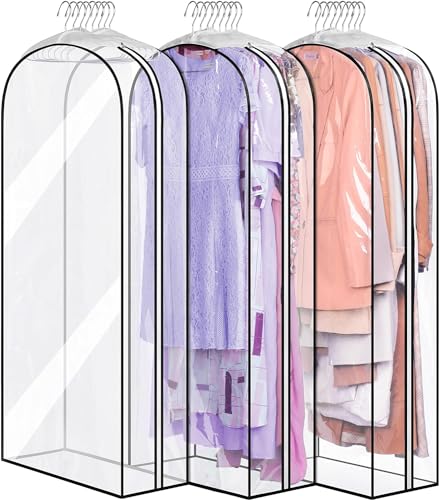 MISSLO 10" Gusseted All Clear Garment Bags for Hanging Clothes 50" Dress Bags for Closet Storage Coat Protectors for Suits, Gowns, 3 Packs - color: Clear, size: 50 inch