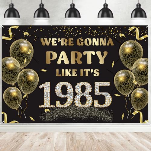 We’re Gonna Party Like It’s 1985 Birthday Banner Backdrop, Cheer to 41 Years Birthday Banner, 40th Birthday Party Supplies for Men Women Photography Decorations Black and Gold Glitter Favors - size: 1985
