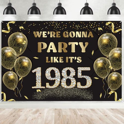We’re Gonna Party Like It’s 1985 Birthday Banner Backdrop, Cheer to 41 Years Birthday Banner, 40th Birthday Party Supplies for Men Women Photography Decorations Black and Gold Glitter Favors - size: 1985