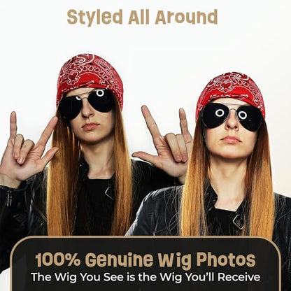 ALLAURA Compatible with Axel Rose Costume – 3pc 80s Rocker Wig Set for Men with Bandana & Sunglasses – 80s & 90s Punk Rock, Heavy Metal Hairpieces for Axel, Bret, Slash, Rockstar, Halloween, Party - color: 13-Ginger