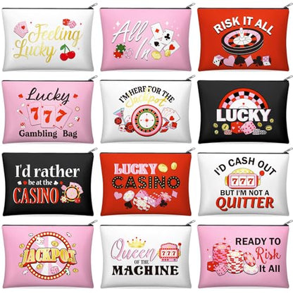 Reginary 12 Pcs Casino Gifts Casino Makeup Bags for Women | Casino Cosmetic Bags for Gambler, Gamblings Travel Zipper Pouches, Lucky in Love Bachelorette Themed Party Favors - style: Gambler