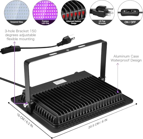YANYCN 3 Pack 150W LED Black Lights, Blacklight Flood Light Outdoor with Plug and Switch, IP66 Waterproof for Dance Party, Glow in The Dark, Halloween Lights, Body Paint, Fluorescent Poster - size: 3pack 150W led black light