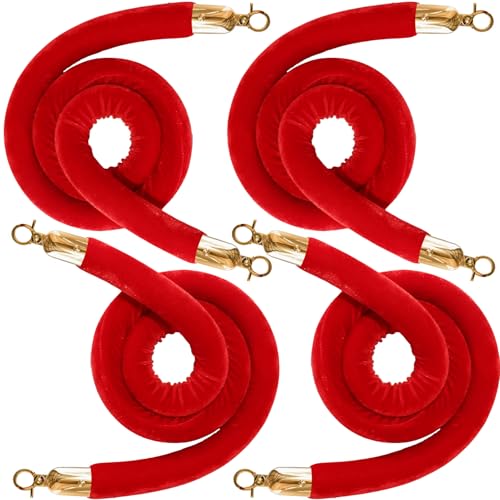 4PCS Red Velvet Stanchion Rope 5 Ft Crowd Control Ropes Barrier with Gold Hooks for Party - color: Red&Gold, size: 4PCS
