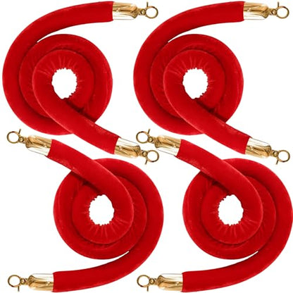 4PCS Red Velvet Stanchion Rope 5 Ft Crowd Control Ropes Barrier with Gold Hooks for Party - color: Red&Gold, size: 4PCS