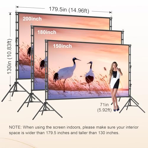 200 Inch Outdoor Projector Screen with Stand, DUYIKJ 16Ft Portable Large Rear Front Projection Screen Dual Sided 16:9 4K HD Movie Screen, Wrinkle-Free Design & Carry Bag for Backyard Cinema