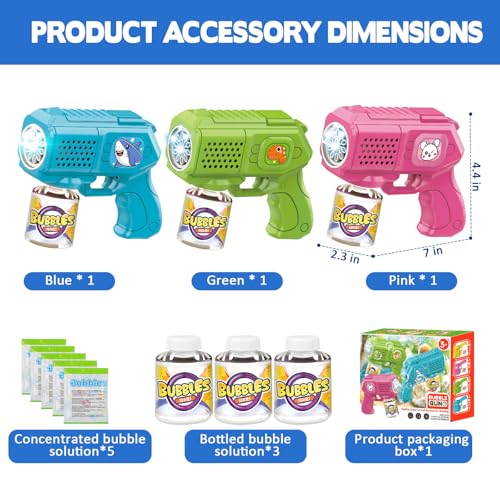 3 Pack Bubble Guns with Bubble Solution, Boys Girls Toys Gifts 3+ - color: Blue+green+pink