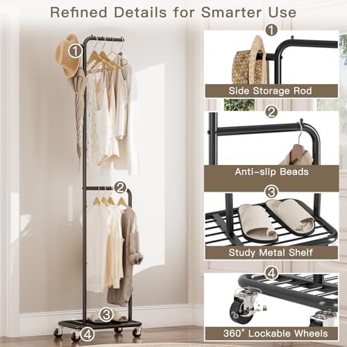 Small Rolling Clothing Rack with Shelf, Narrow Clothes Rack with Wheels | Gasvadivum 71" Tall Sturdy Metal Garment Rack with Hanging Rod, Freestanding Portable Coat Rack for Bedroom, Entryway, Black - color: Black