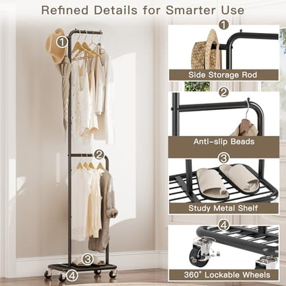Small Rolling Clothing Rack with Shelf, Narrow Clothes Rack with Wheels | Gasvadivum 71" Tall Sturdy Metal Garment Rack with Hanging Rod, Freestanding Portable Coat Rack for Bedroom, Entryway, Black - color: Black