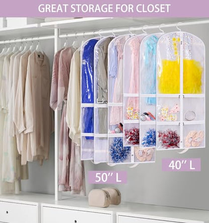 SLEEPING LAMB Clear Garment Bag for Dance Costume Kids 50 Inch Hanging Clothes Cover for Closet Storage With 4 Large Zipper Pockets for Ballet, Theatre, Competitions, 3 Packs, White
