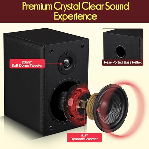 Pyle 6.5” Wired Bookshelf Speakers Pair – 2-Way HiFi Home Theater Stereo Speakers with Soft Dome Tweeter, Paper Cone Woofer & Wall Mount Brackets – Compact Speaker System, Black - color: Black, size: 6 inch