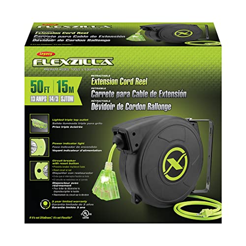 Flexzilla Retractable Extension, 14/3 AWG SJTOW, 50', Grounded Triple Tap Outlet Electric Cord Reel, ZillaGreen, FZ8140503 - size: 50ft / 14 Gauge