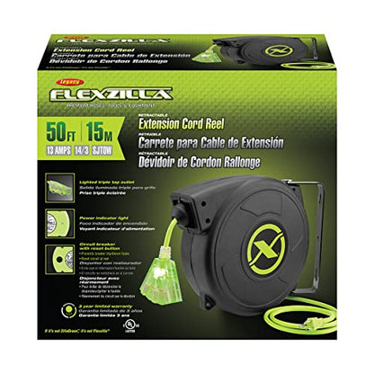 Flexzilla Retractable Extension, 14/3 AWG SJTOW, 50', Grounded Triple Tap Outlet Electric Cord Reel, ZillaGreen, FZ8140503 - size: 50ft / 14 Gauge