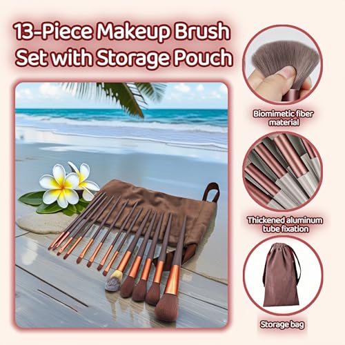 Makeup Brush Set, 13 Piece Professional Cosmetic Brushes with Pouch, Synthetic Bristles, Hypoallergenic for Face and Eye Application, Face & Eye Brush Set for Beginners to Pros (Brown) - color: Brown