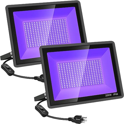 YANYCN 200W 2 Pack LED Black Light, Halloween Outdoor Blacklight Flood With Plug and Switch, IP66 Waterproof for Glow in The Dark, Party, Body Paint, Florescent, Aquarium - size: 2-Pack 200W