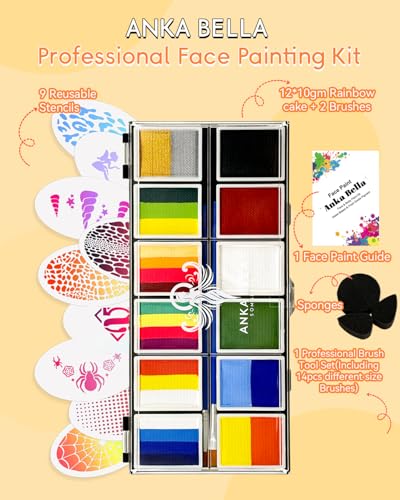 Anka Bella Face Paint Kit for Kids – 12 Colors Water Based Face Paint Palette with Brushes & Stencils, Non Toxic Washable Body Paint for Halloween, Birthday Party, Carnival, Cosplay Makeup - color: HeroVibe Palette