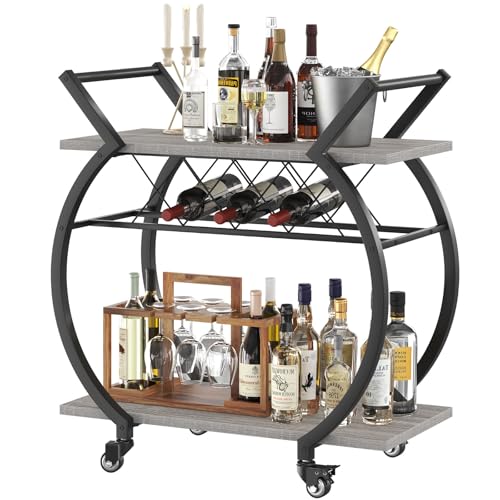LVB Bar Carts for the Home, Industrial Wine Cart with Storage, Grey Oak - style: Grey Oak