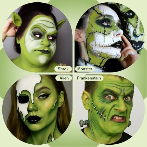 White Foundation + Black Green Face Body Paint with Painting Brushes Halloween Makeup Set, Kids Adults Facepaint Kit for Witch Monster Grinch Shrek Hulk Alien Special Effects Make Up Cosplay Party - color: Black+White+Ogre Green