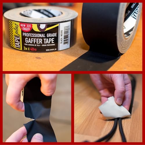 TapePlus Gaffer Tape Roll - Waterproof Adhesive Film - Electrical Cable Management & Floor Marking - Non-Reflective Vinyl Floor Tape - Residue-Free Removal - 2 in x 40 yd, Black, 6-Pack