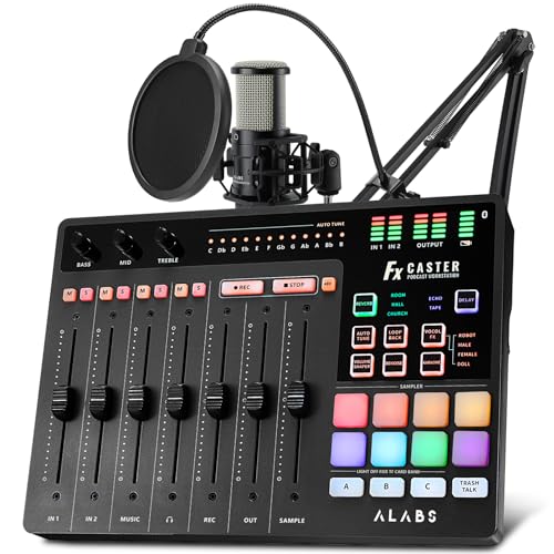 ALABS Fxcaster Podcast Bundle with 7-Channel Soundboard & 25mm XLR Mic | Audio Interface, All-in-One Podcasting Starter Setup, For live streaming, podcasting, TikTok content creation