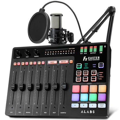 ALABS Fxcaster Podcast Bundle with 7-Channel Soundboard & 25mm XLR Mic | Audio Interface, All-in-One Podcasting Starter Setup, For live streaming, podcasting, TikTok content creation