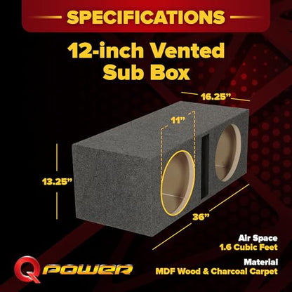 QPower QBASS Dual 12" Car Audio Subwoofer Box, Charcoal Gray Carpet Finish | MDF Woofer Enclosure, Single Slot Port Vent, Deep Bass Sound System for Truck and Stereo