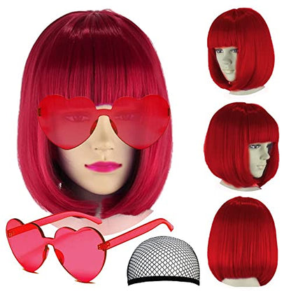 LIULIUBTY Short Bob Hair Wigs Straight with Flat Bangs Synthetic Colorful Cosplay Daily Party Neon Wig for Women + Free Wig Cap 12" Natural As Real (Red) - color: Red