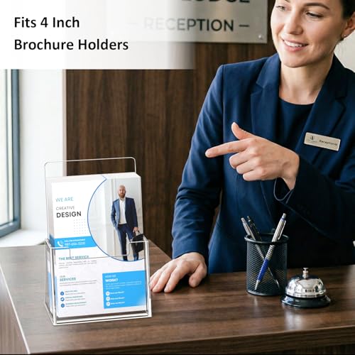 Acrylic Brochure Holder 4 Inch, 4 Pack, 4''x6'' Flyer Holder Display Stands | Clear, Plastic Pamphlet Holder, Flyers, Literature, Magazines, Booklets, Journals, Desk Holder, Office, Countertop Organizer - size: 4" x 6"