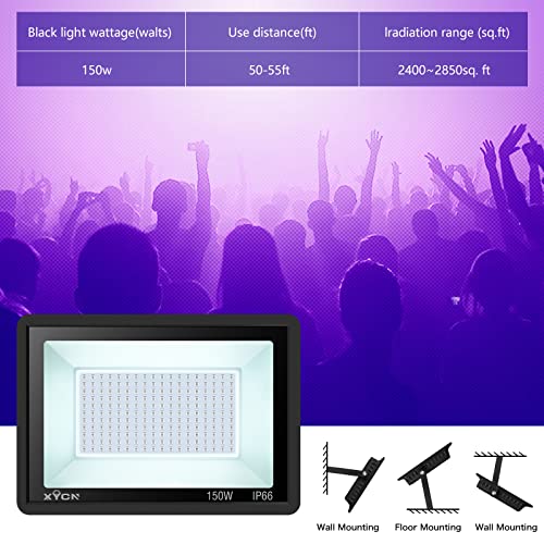 XYCN 4 Pack 150W LED Flood Black Lights,395nm to 405nm UV Outdoor Flood High Power Blacklight Light with Plug in, IP66 Waterproof Large Black Light Spotlight for Glow Party Large Space, Halloween - color: 4pack 150w Led Black Light