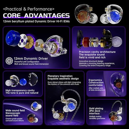 CCA ND Planet IEM Earphones: 12mm Dual Magnetic Drivers, HiFi Gaming Earbuds with Detachable 2-Pin Cable, Noise Isolating in-Ear Monitors for Musician Audiophile Singer DJ - color: Blue, style: With Mic