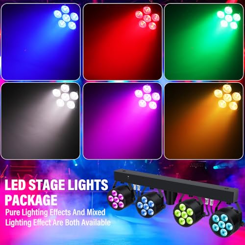 Telbum DJ Stage Lights with Stand, 240W RGBW LED Par Light, DMX, Wireless Footpedal, Remote Control, Sound-Activated Professional DJ Lighting Package for Gig Bar Wedding Party Show Church and Concerts