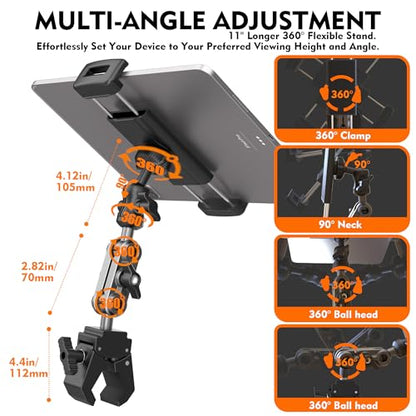 Tablet Holder for Treadmil Indoor Cycle Elliptical Spin Bike Peloton Music Stand 360° Adjustable Super Crab Handlebar Climp Mount Compitable with 4.7~12.9" iPad Switch iPhone e-Reader