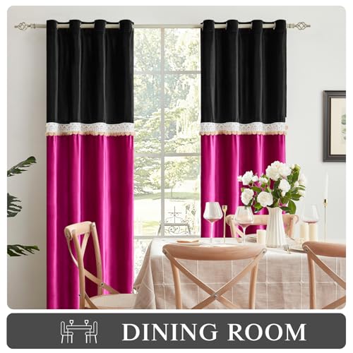 GIGIZAZA Boho 84 Inches Long Curtains 2 Panels for Living Room Black HotPink Farmhouse Velvet Elegant Window Blackout Curtain Drapes Lace Pom Pom Embroidered Curtains - color: Pom Pom/Black+hot Pink, size: 52"W x 84"L (Pack of 2)