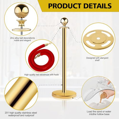 Stainless Steel Stanchion Post Queue 5 ft Red Velvet Rope Red Carpet Ropes and Poles Crowd Control Barriers Sand Injection Hollow Base and Velvet Ropes Set for Party Supplies (4 Pieces, Gold) - color: Gold-4PCS