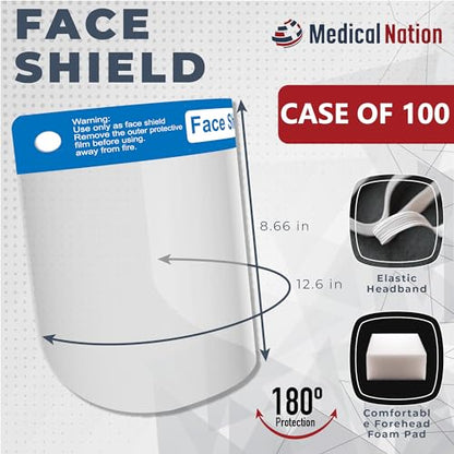 Medical Nation 100 Pack Face Shields | Clear Plastic Face Shield for Women, Men & Kids, Anti-Fog, Lightweight Reusable Full Face Shield Mask, Safety Visor Cover with Comfortable Sponge & Elastic Band - style: Case of 100