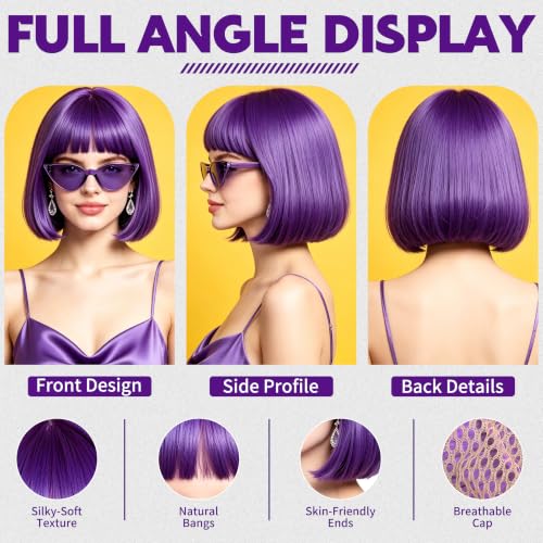 Short Bob Straight Hair Wigs with Bangs, Heat Resistant Fiber Hair, Cat Eye Glasses for Women (Purple) - color: Purple