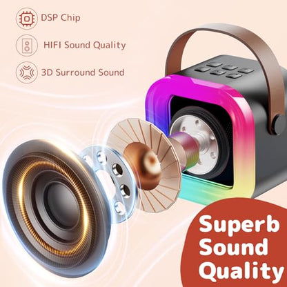 Karaoke Machine for Kids Adults, Mini Karaoke Machine with 2 Wireless Microphones, Portable Bluetooth Speaker with Voice Changing Effects & LED Lights, Best Gifts Toys for Girls and Boys - color: Black