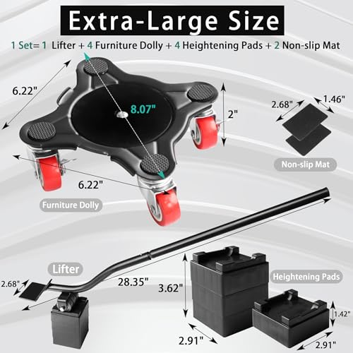 Carbon Steel Furniture Dolly Moving, 2200LBs Capacity Heavy Duty | Anti-tilt, TPE quiet & floor-safe 5 Wheels, for heavy moves fridge, couch, desk, piano, sofa - size: XL 550 lbs each (2,200 lbs total for 4)