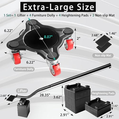 Carbon Steel Furniture Dolly Moving, 2200LBs Capacity Heavy Duty | Anti-tilt, TPE quiet & floor-safe 5 Wheels, for heavy moves fridge, couch, desk, piano, sofa - size: XL 550 lbs each (2,200 lbs total for 4)