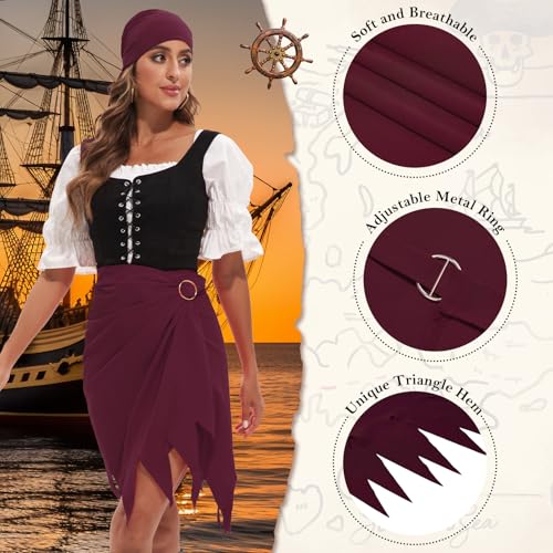 Durio Women Pirate Skirt Dress Accessories - Hat, Costume, Cosplay Bandana Head Scarf for Adult Women and Men - Halloween - color: Wine Red