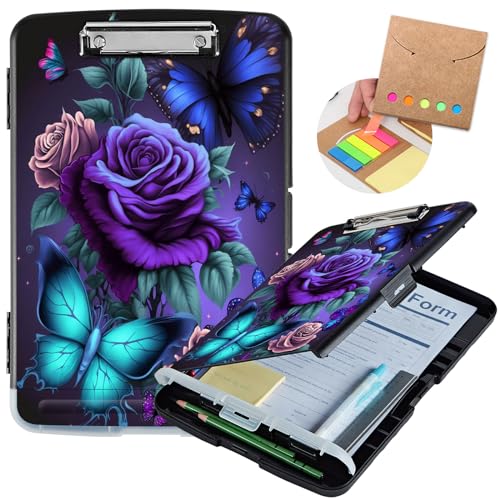 Clipboard with Storage,Heavy Duty Plastic Storage Clipboard with Low Profile Clip,Teacher Must Haves,Office Supplies,Blue Pink Roses Butterfly - color: Blue Pink Roses Butterfly, size: Clipboard B