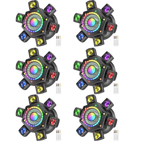 6Pcs Moving Head DJ Lights,5 in 1 Stage Party Lights with RGBW Halo Ring 6 Arms Beam,Red Green Starry,Pattern White & Amber Strobe Effects,Sound Activated DMX512 & Remote for Disco Club Wedding Bar - color: 6 Pack
