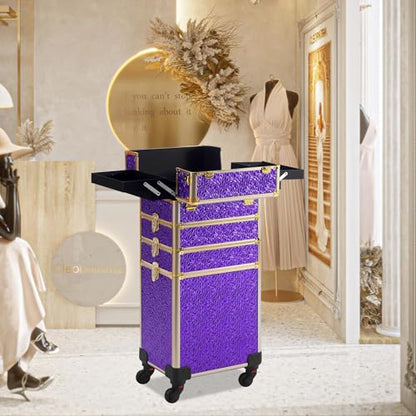 Somduy Rolling Makeup Case, Makeup Train Case with Lid, 5 in 1 Cosmetology Case on Wheels, Christmas Gift, Large Makeup Organizers, Profesional Cosmetic Case for Salon Barber, Purple Gold - color: Purple Gold