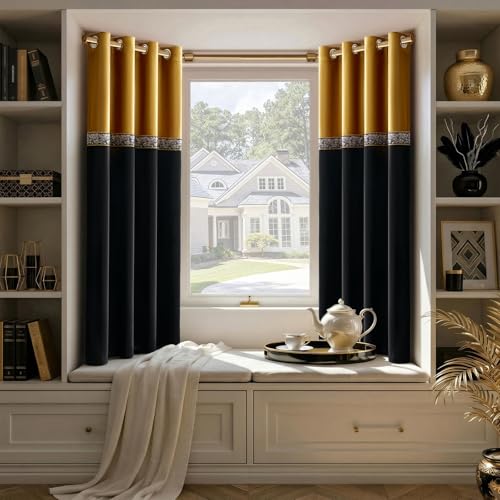 GIGIZAZA Velvet Curtains 63 Inch for Living Room 2 Panels Gold Black - color: Gold+black, size: 52"W x 63"L (Pack of 2)