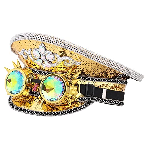 GRACEART Women's Burning Man Sequin Hat Mucis Festival Military Captain Hats Steampunk Caps with Goggles - style: Style-00(with Goggle)