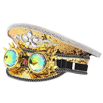 GRACEART Women's Burning Man Sequin Hat Mucis Festival Military Captain Hats Steampunk Caps with Goggles - style: Style-00(with Goggle)