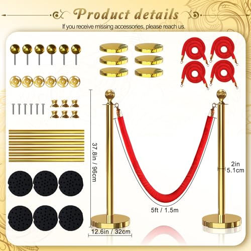 6PCS Gold Stanchions Posts with 4PCS 5 ft Red Velvet Rope, Red Velvet Rope Stanchion Set Crowd Control Barriers, Stanchions and Velvet Ropes Red Carpet Poles for Party Supplies - color: Gold, size: 6