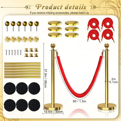 6PCS Gold Stanchions Posts with 4PCS 5 ft Red Velvet Rope, Red Velvet Rope Stanchion Set Crowd Control Barriers, Stanchions and Velvet Ropes Red Carpet Poles for Party Supplies - color: Gold, size: 6