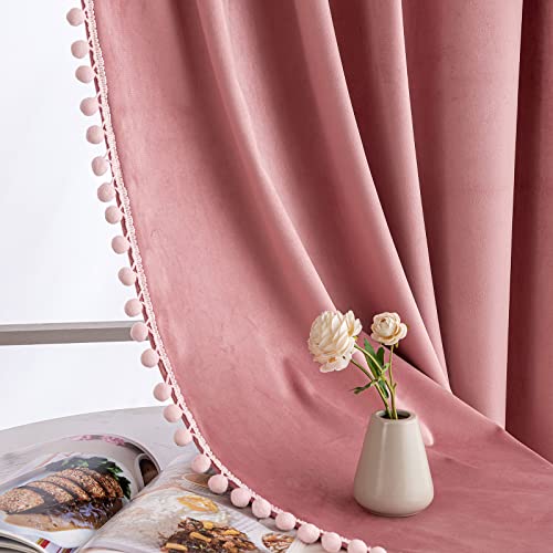 MIULEE Blush Pink Pom Pom Velvet Blackout Curtains, W52 x L84, Set of 2 | Rod Pocket Curtains,Thermal Insulating,Blackout Curtains for Bedroom/Home Theater/Living Room Darkening - color: Blush Pink, size: 52"W x 84"L (Pack of 2)