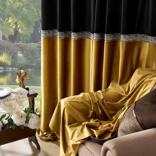 GIGIZAZA Velvet Curtains 84 Inch for Living Room 2 Panels Black Gold - color: Black+gold, size: 52"W x 84"L (Pack of 2)
